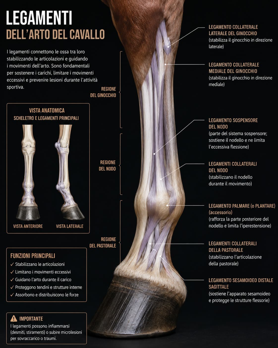 Infografica anatomica dei legamenti dell'arto del cavallo: legamenti collaterali del ginocchio, legamento sospensore del nodello, legamenti della pastorale
