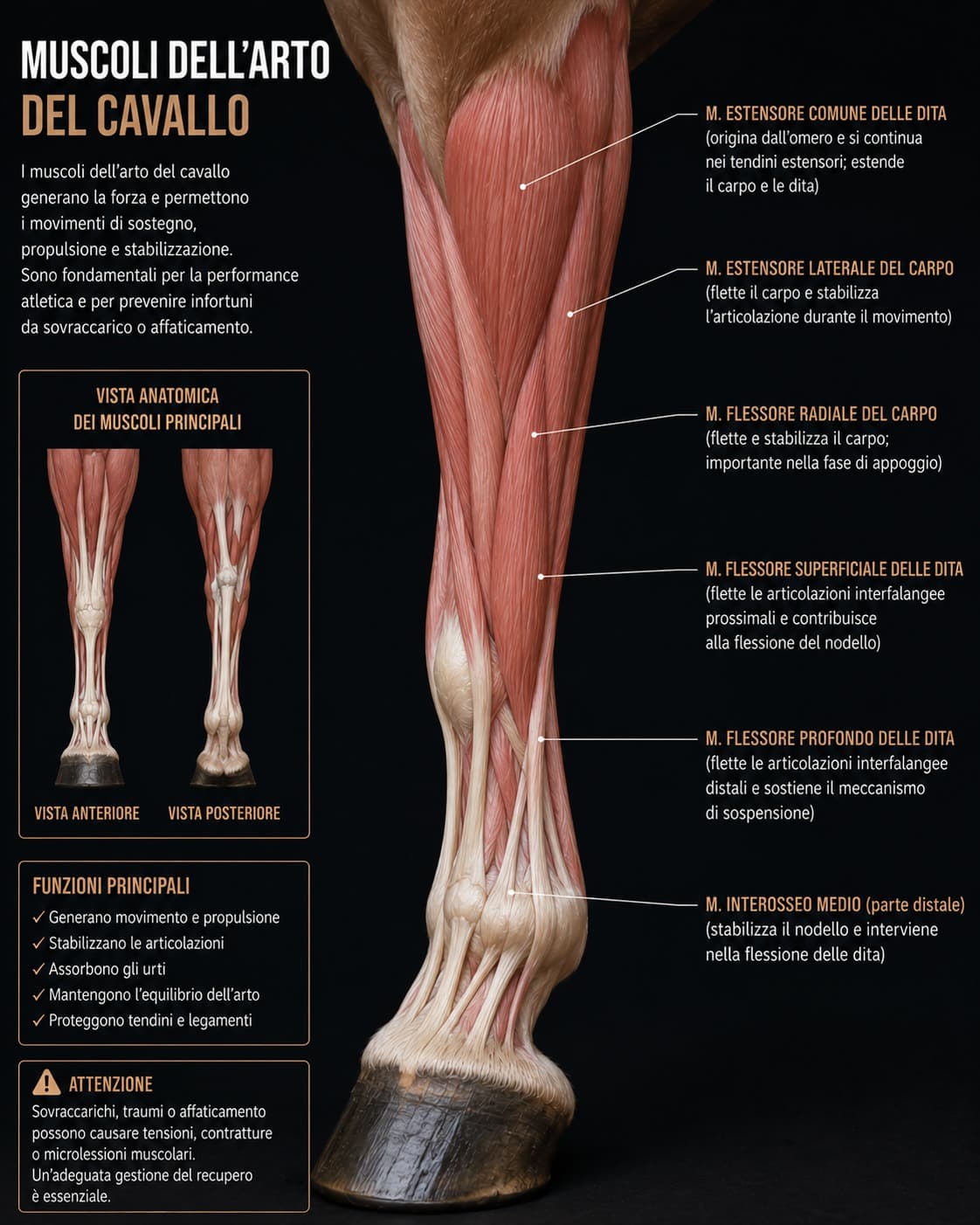 Infografica anatomica dei muscoli dell'arto del cavallo: muscoli estensori e flessori delle dita, muscolo interosseo medio