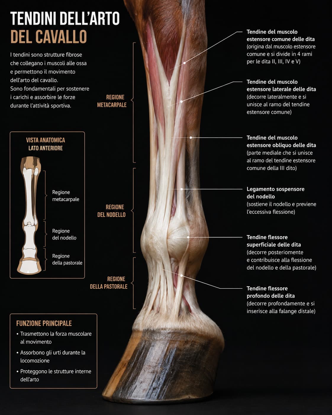 Infografica anatomica dei tendini dell'arto del cavallo: tendini estensori e flessori delle dita, regioni metacarpale, del nodello e della pastorale