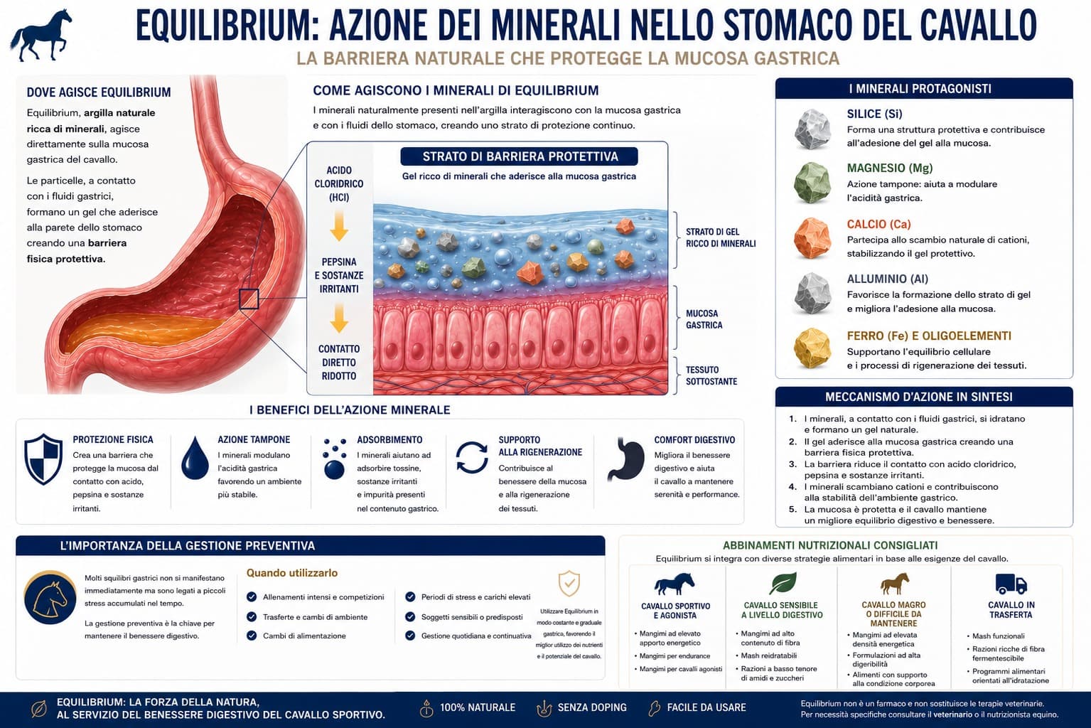 Infografica: l'azione dei minerali dell'argilla smectitica nello stomaco del cavallo — minerali, mucosa gastrica e passaggi della barriera protettiva naturale